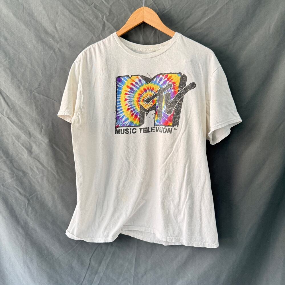 MTV Men's Tied Dye Graphic Tee -White T Shirt 90's Style Logo XL